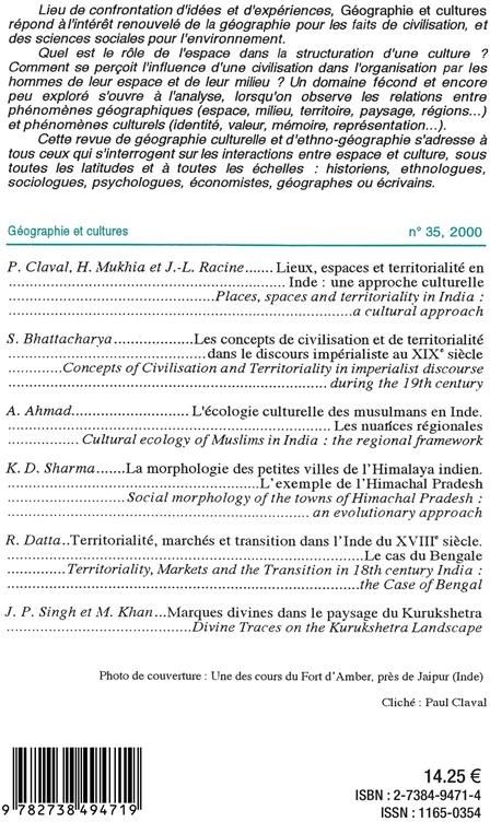 Quatrième de couverture de « CULTURES ET TERRITOIRES EN INDE - VOL35 »
