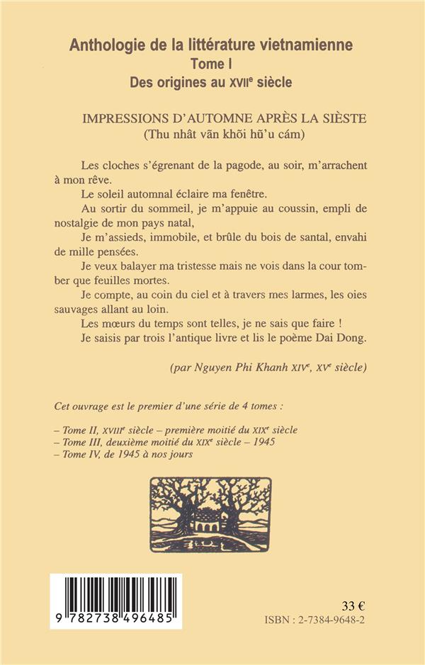 Quatrième de couverture de « ANTHOLOGIE DE LA LITTERATURE VIETNAMIENNE - VOL01 - TOME I »