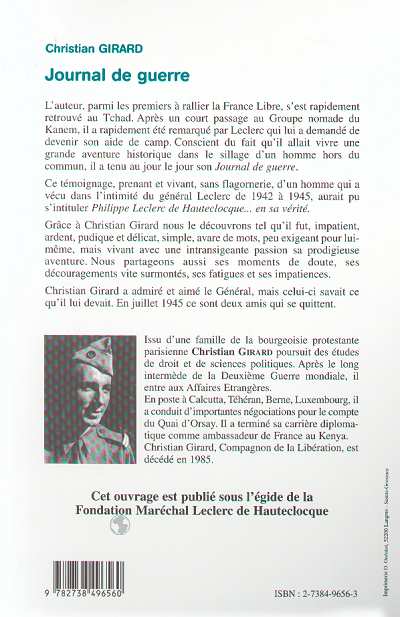 Quatrième de couverture de « JOURNAL DE GUERRE 1939 -1945 - TEMOIGNAGE »