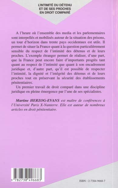 Quatrième de couverture de « L'INTIMITE DU DETENU ET DE SES PROCHES EN DROIT COMPARE »