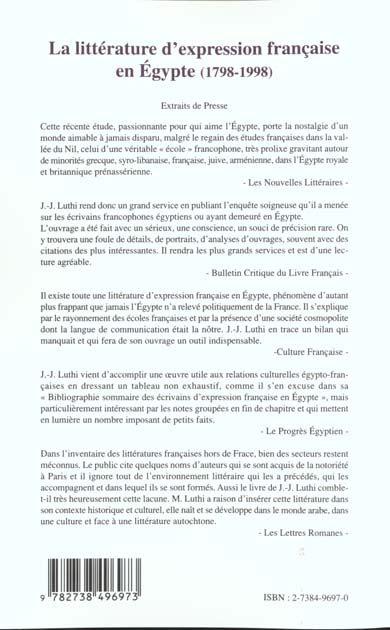 Quatrième de couverture de « LA LITTERATURE D'EXPRESSION FRANCAISE EN EGYPTE (1798-1998) »