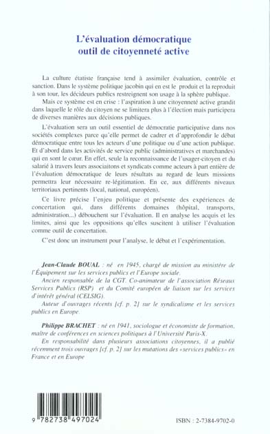 Quatrième de couverture de « L'EVALUATION DEMOCRATIQUE OUTIL DE CITOYENNETE ACTIVE »