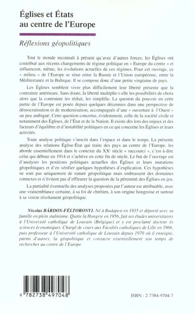 Quatrième de couverture de « EGLISES ET ETATS AU CENTRE DE L'EUROPE - REFLEXIONS GEOPOLITIQUES »