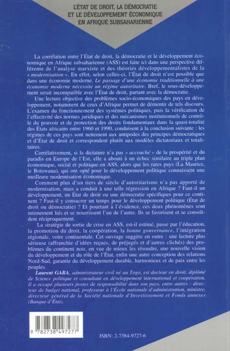 Quatrième de couverture de « L'ETAT DE DROIT, LA DEMOCRATIE ET LE DEVELOPPEMENT ECONOMIQUE EN AFRIQUE SUBSAHARIENNE »