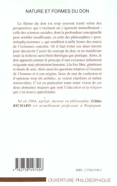 Quatrième de couverture de « NATURE ET FORMES DU DON »