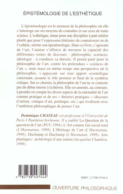 Quatrième de couverture de « EPISTEMOLOGIE DE L'ESTHETIQUE »