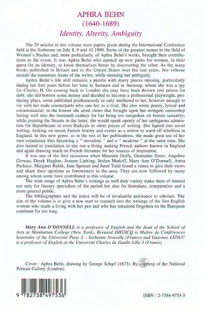 Quatrième de couverture de « APHRA BEHN (1640-1689) - IDENTITY, ALTERITY, AMBIGUITY »