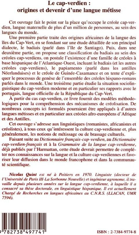 Quatrième de couverture de « LE CAP-VERDIEN : ORIGINES ET DEVENIR D'UNE LANGUE METISSE »