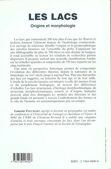 Quatrième de couverture de « GEOGRAPHIE - LES LACS. - ORIGINE ET MORPHOLOGIE »