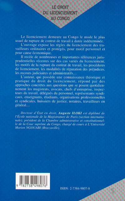 Quatrième de couverture de « LE DROIT DU LICENCIEMENT AU CONGO »