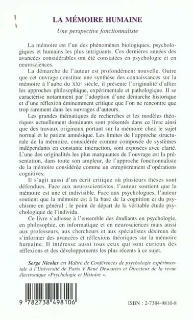 Quatrième de couverture de « LA MEMOIRE HUMAINE - UNE PERSPECTIVE FONCTIONNALISTE »