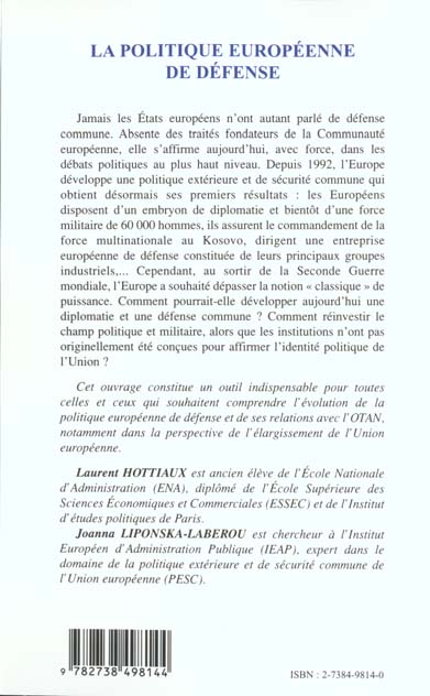 Quatrième de couverture de « LA POLITIQUE EUROPEENNE DE DEFENSE »