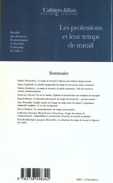 Quatrième de couverture de « LES PROFESSIONS ET LEUR TEMPS DE TRAVAIL - VOL34 »