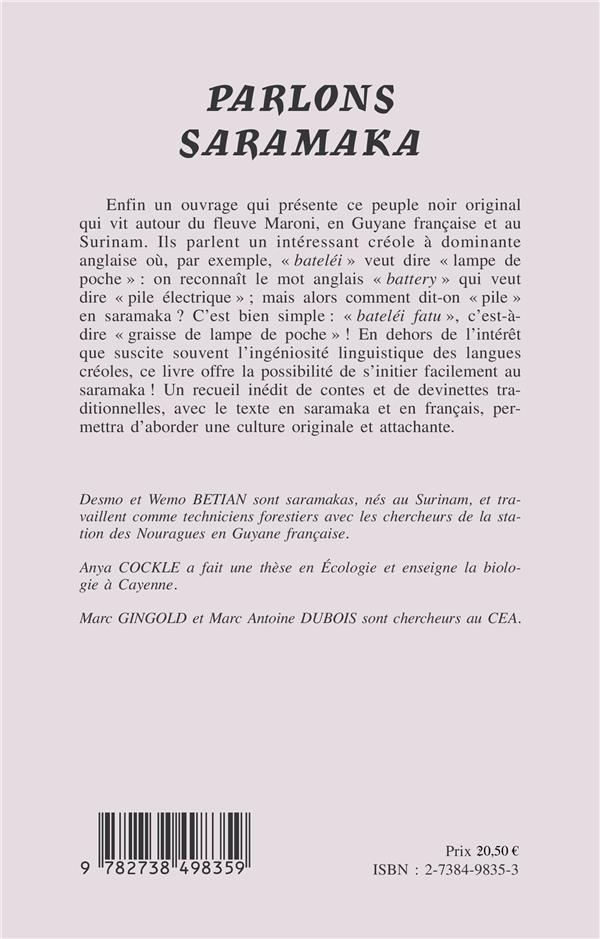 Quatrième de couverture de « PARLONS SARAMAKA »