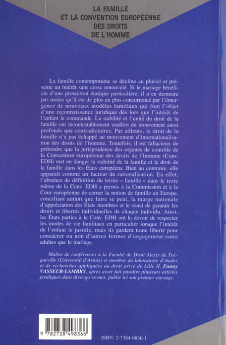 Quatrième de couverture de « LA FAMILLE ET LA CONVENTION EUROPEENNE DES DROITS DE L'HOMME »