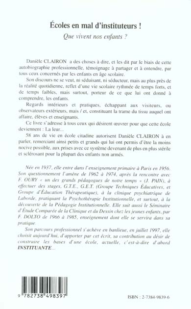 Quatrième de couverture de « ECOLES EN MAL D'INSTITUTEURS ! QUE VIVENT NOS ENFANTS ? »
