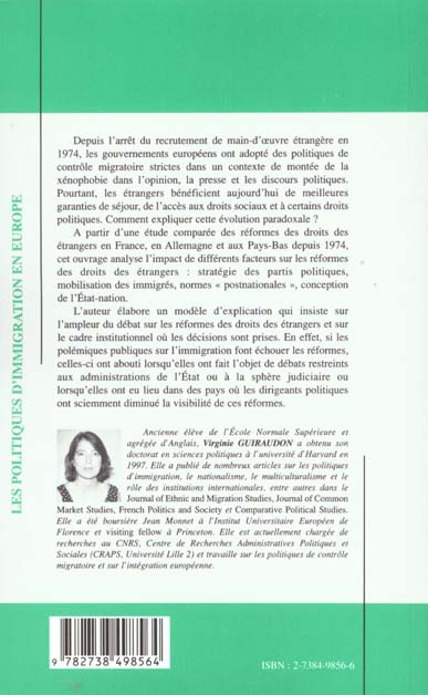 Quatrième de couverture de « LES POLITIQUES D'IMMIGRATION EN EUROPE - ALLEMAGNE FRANCE PAYS-BAS »