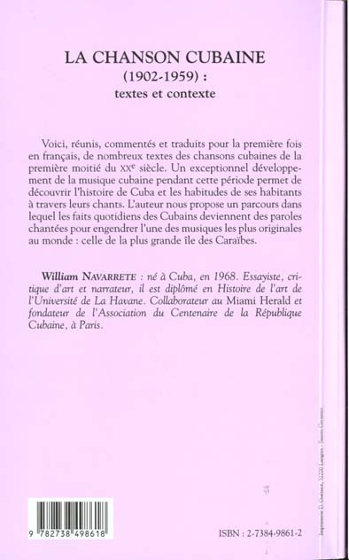 Quatrième de couverture de « LA CHANSON CUBAINE (1902-1959) : TEXTES ET CONTEXTE »