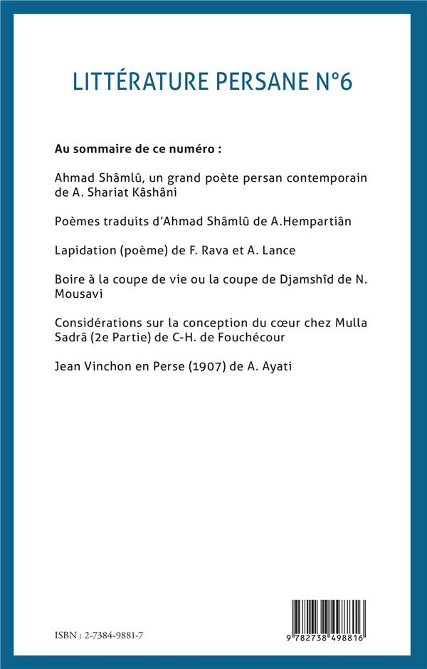 Quatrième de couverture de « LITTERATURE PERSANE N 6 - VOL06 »