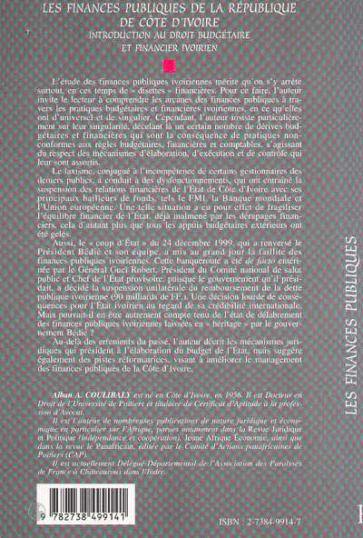 Quatrième de couverture de « LES FINANCES PUBLIQUES DE LA REPUBLIQUE DE COTE D'IVOIRE - INTRODUCTION AU DROIT BUDGETAIRE ET FINAN »