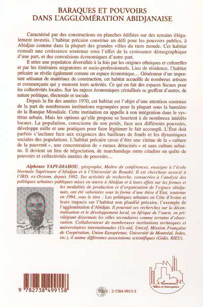 Quatrième de couverture de « BARAQUES ET POUVOIRS DANS L'AGGLOMERATION ABIDJANAISE »