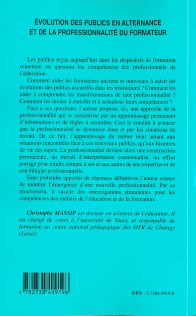 Quatrième de couverture de « EVOLUTION DES PUBLICS EN ALTERNANCE ET DE LA PROFESSIONNALITE DU FORMATEUR »