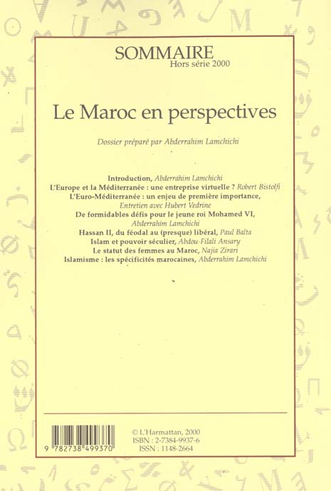 Quatrième de couverture de « LE MAROC EN PERSPECTIVES - VOL31 - HORS-SERIE 2000 »