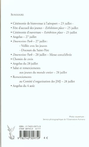 Quatrième de couverture de « JEAN-PAUL II A TORONTO - XVIIEME JOURNEE MONDIALE DE LA JEUNESSE, 23-28 JUILLET 2002 »