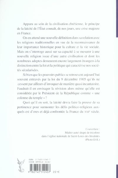 Quatrième de couverture de « LA RELIGION DANS LA REPUBLIQUE LAIQUE - ACTES DU XXE COLLOQUE NATIONAL DE LA CONFEDERATION DES JURIS »