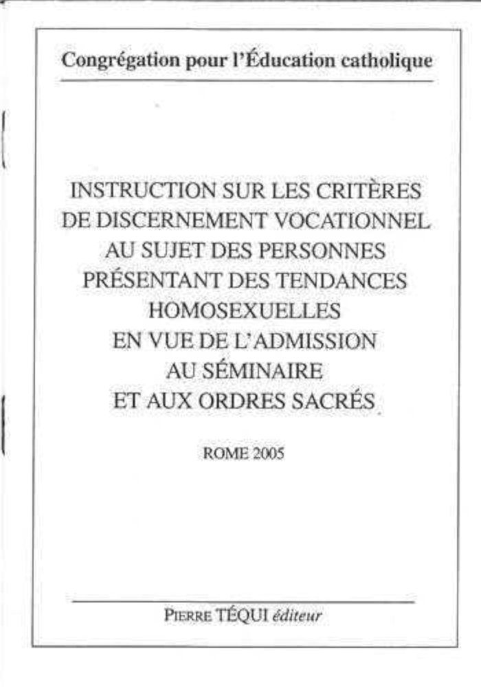 Couverture du livre « INSTRUCTION SUR LES CRITERES DE DISCERNEMENT VOCATIONNEL - AU SUJET DES PERSONNES PRESENTANT DES TEN », librairie Les Contes Infusés à Corte