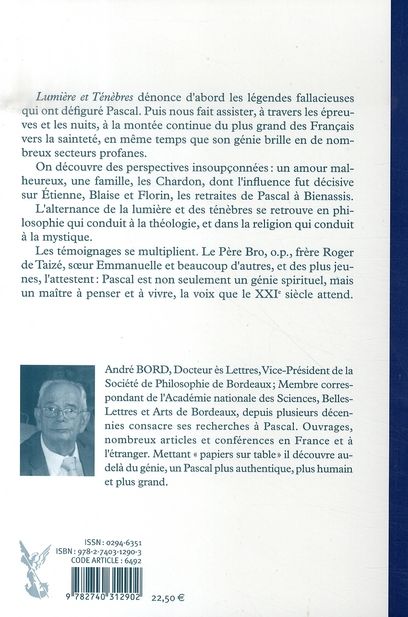 Quatrième de couverture de « LUMIERE ET TENEBRES CHEZ PASCAL »