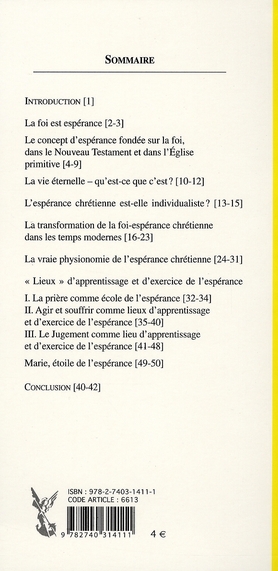 Quatrième de couverture de « SAUVES DANS L'ESPERANCE - SPE SALVI - LETTRE ENCYCLIQUE »