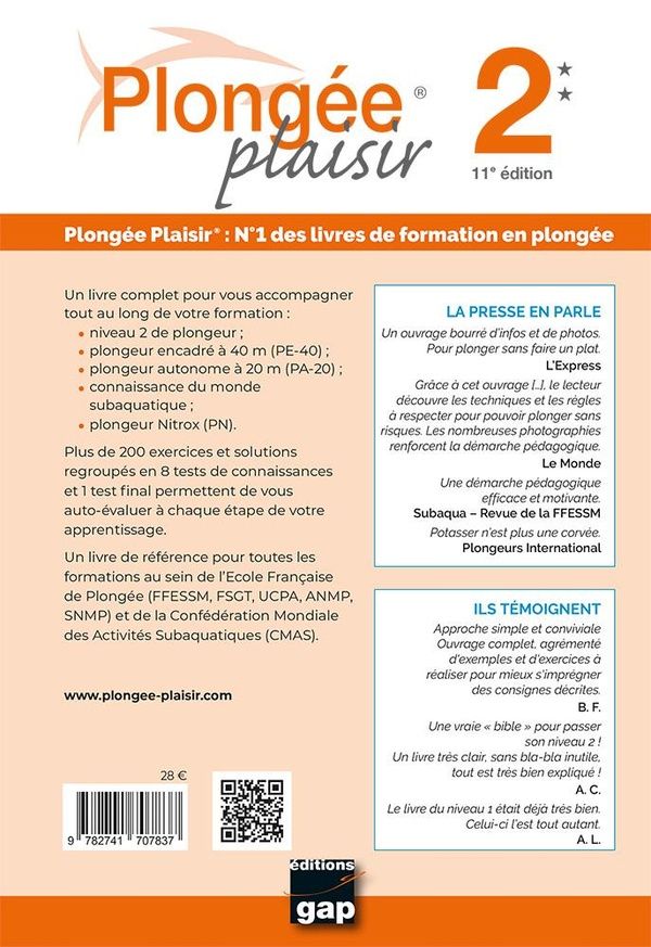 Quatrième de couverture de « PLONGEE PLAISIR NIVEAU 2 - 11EME EDITION »