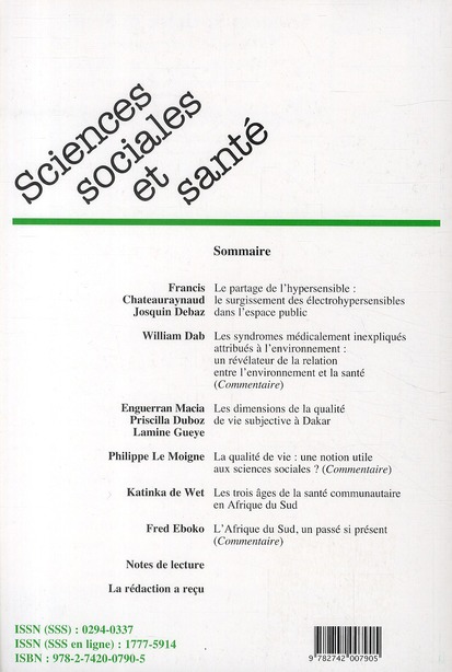 Quatrième de couverture de « REVUE SCIENCES SOCIALES ET SANTE - VOL. 28 N 3 - SEPTEMBRE 2010 - LE PARTAGE DE L'HYPERSENSIBLE. QUA »