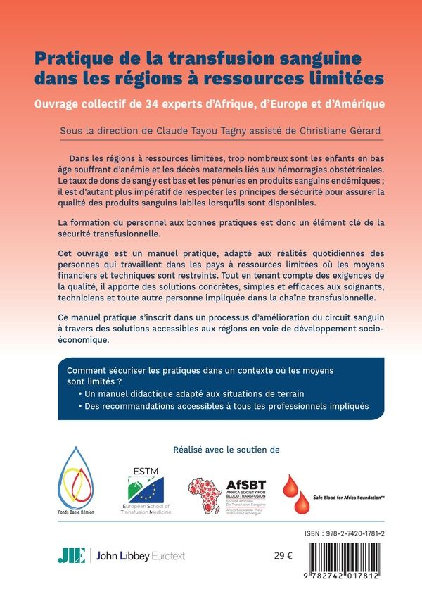 Quatrième de couverture de « Pratique de la transfusion sanguine dans las régions à ressources limitées »