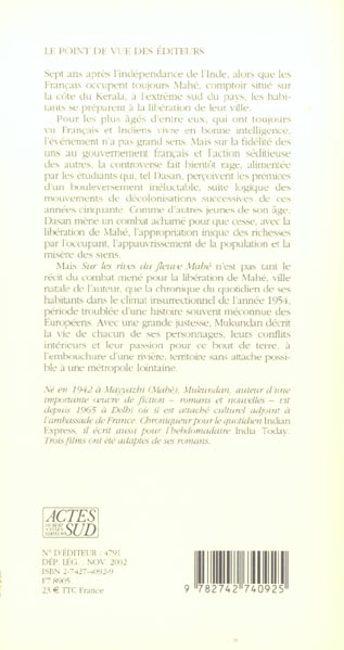 Quatrième de couverture de « SUR LES RIVES DU FLEUVE MAHE »