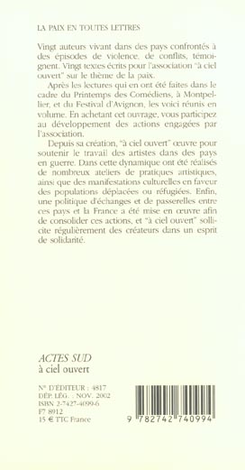 Quatrième de couverture de « LA PAIX EN TOUTES LETTRES »