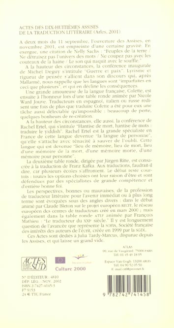 Quatrième de couverture de « DIX-HUITIEMES ASSISES DE LA TRADUCTION LITTERAIRE (ARLES 2001) »