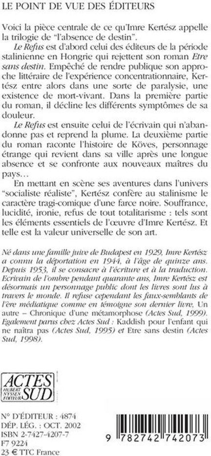 Quatrième de couverture de « LE REFUS »