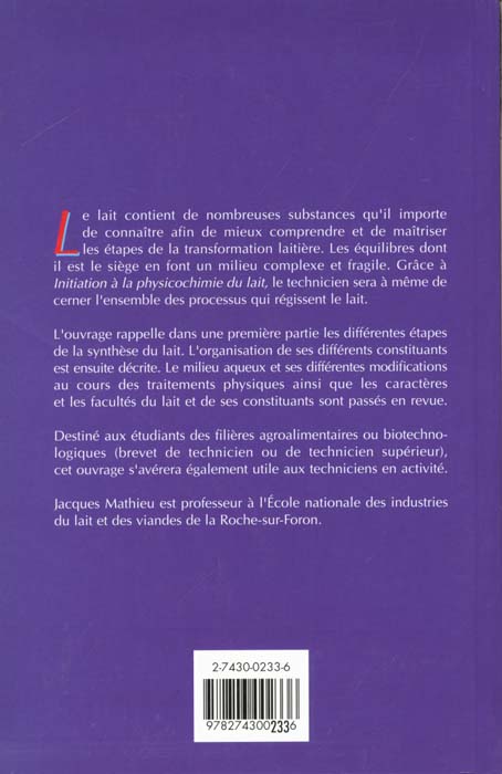 Quatrième de couverture de « INITIATION A LA PHYSICOCHIMIE DU LAIT »