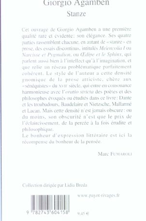 Quatrième de couverture de « STANZE - PAROLE ET FANTASME DANS LA CULTURE OCCIDENTALE »