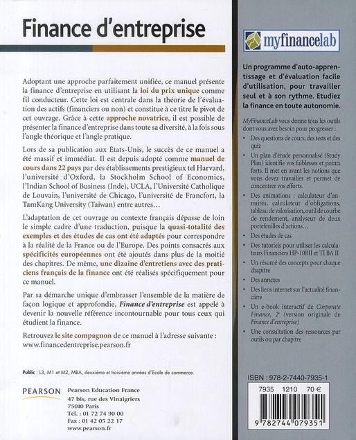 Quatrième de couverture de « FINANCE D'ENTREPRISE + MYFINANCELAB STUDENT KIT »