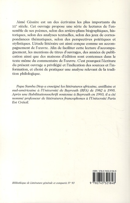Quatrième de couverture de « LA POESIE D'AIME CESAIRE - PROPOSITIONS DE LECTURE »