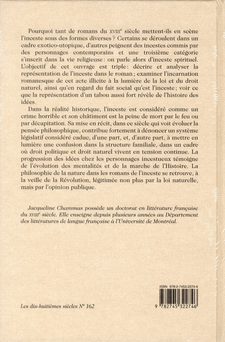 Quatrième de couverture de « L'INCESTE ROMANESQUE AU SIECLE DES LUMIERES - DE LA REGENCE A LA REVOLUTION, 1715-1789 »