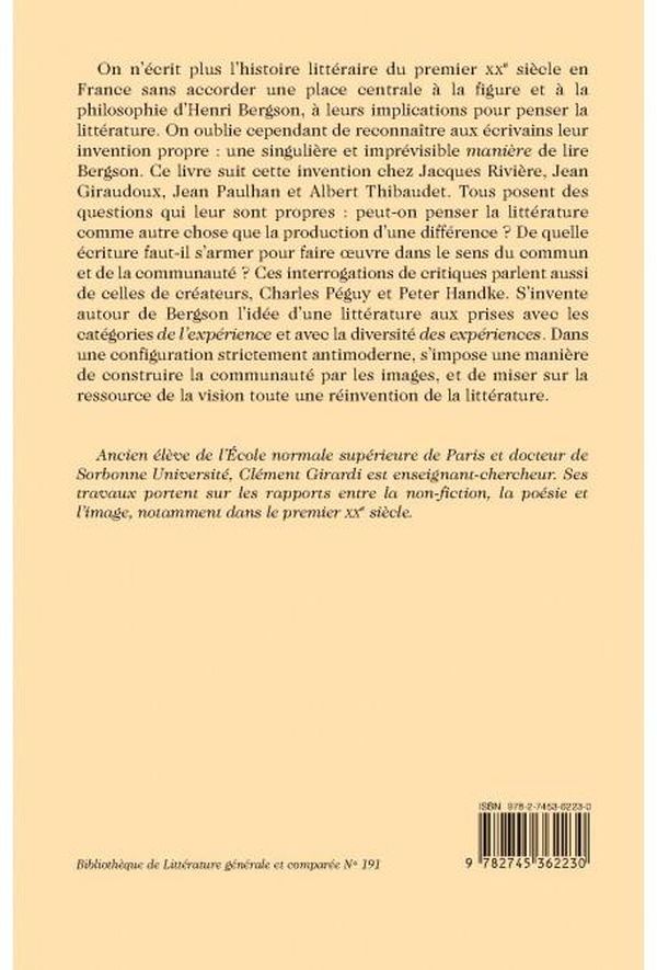 Quatrième de couverture de « Écrire avec et contre Bergson : la littérature, les lieux communs, les images »