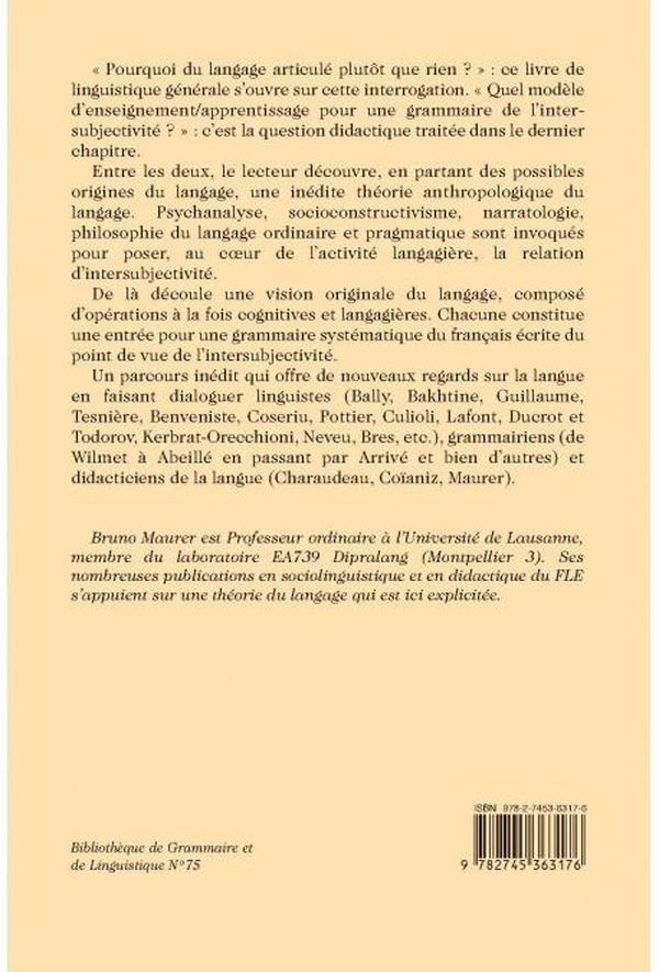 Quatrième de couverture de « Grammaire française de l'intersubjectivité : théorie du langage, description grammaticale, pratiques didactiques »