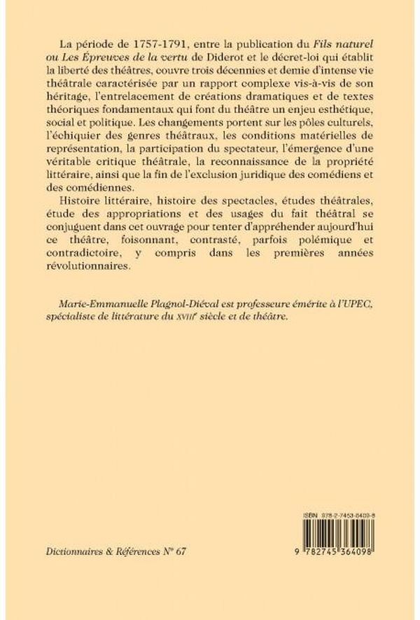 Quatrième de couverture de « Le théâtre en France de 1757 à 1791 : du "Fils naturel" à la liberté des théâtres »