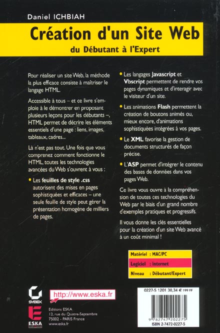 Quatrième de couverture de « CREATION D'UN SITE WEB, DU DEBUTANT A L'EXPERT »
