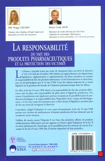 Quatrième de couverture de « RESPONSAB. FAIT PDTS PHARMA. PROTECTION »