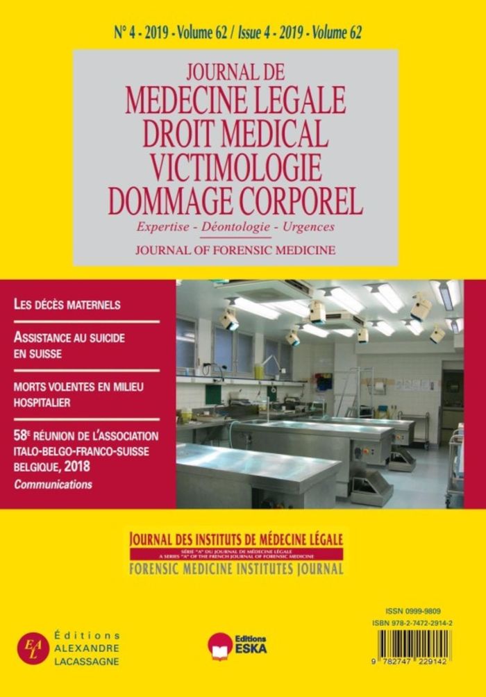 Couverture du livre « 58E REUNION DE L'ASSOCIATION IBFS BELGIQUE 2018-JML 4-2019 - JOURNAL DES INSTITUTS DE MEDECINE LEGAL » de Eska Editions, librairie Les Contes Infusés à Corte